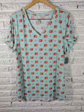 LuLaRoe Christy 2XL Tunic Top Blue Red Wolf Print V-Neck Short Sleeve NOV66E
